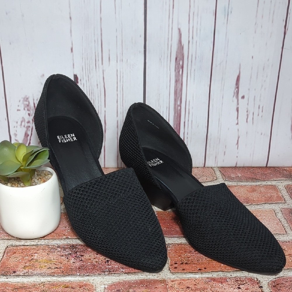 Eileen Fisher Black Hallo Knit D'Orsay Pumps Almond‎ Toe 10 Minimal Quiet Luxury